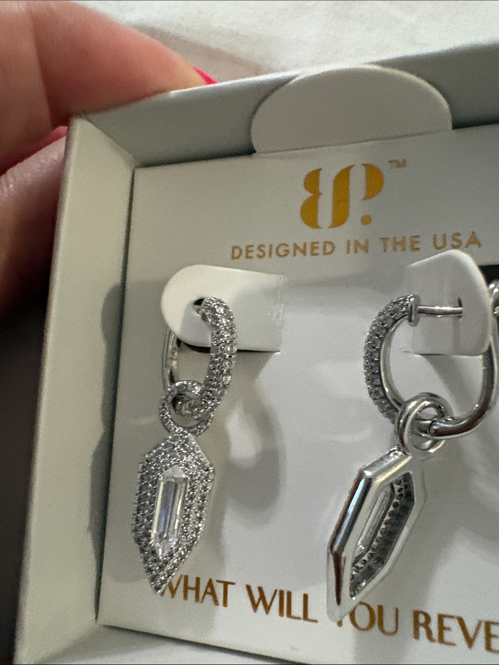 bp Silver Pavé Baguette Drop Hoop Earrings